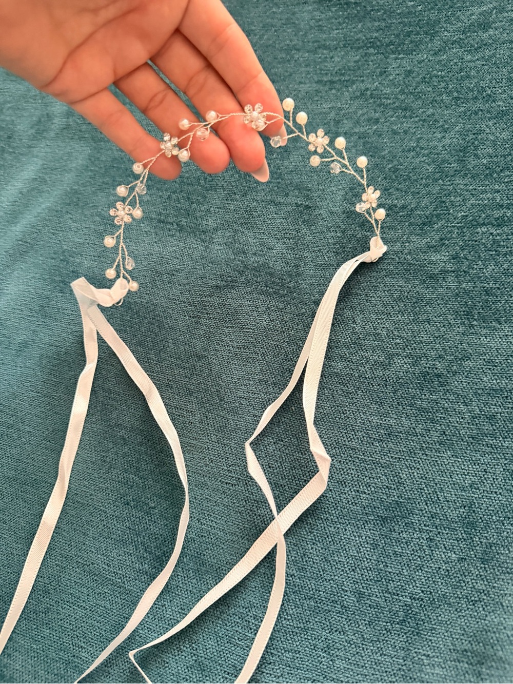 Delicate Pearl Crystal Bridal Hair Vine Tie Headband for Girls - White ribbon